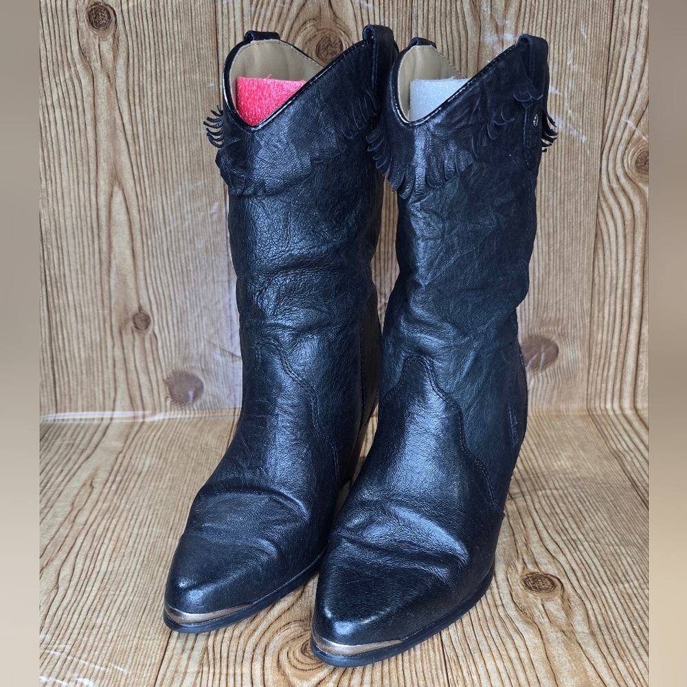 Dingo Black Women's Cowboy Western‎ Fringe Metal Tip Boots Size 7.5